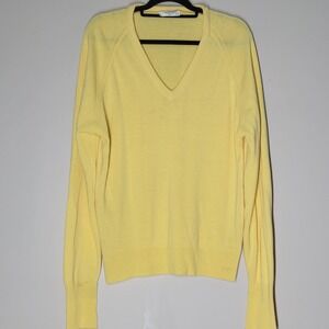 Vintage CHRISTIAN DIOR V Neck Pull Over Yellow Sweater Logo XL Acrylic 80s